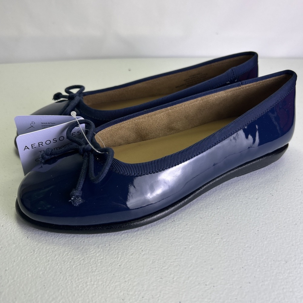 Aerosoles Homebet Women's Ballet Flats Navy Patent Blue Slip On Bow Size 5M NWB